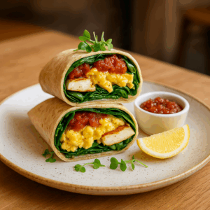Haloumi, scrambled egg, relish and baby spinach wrap